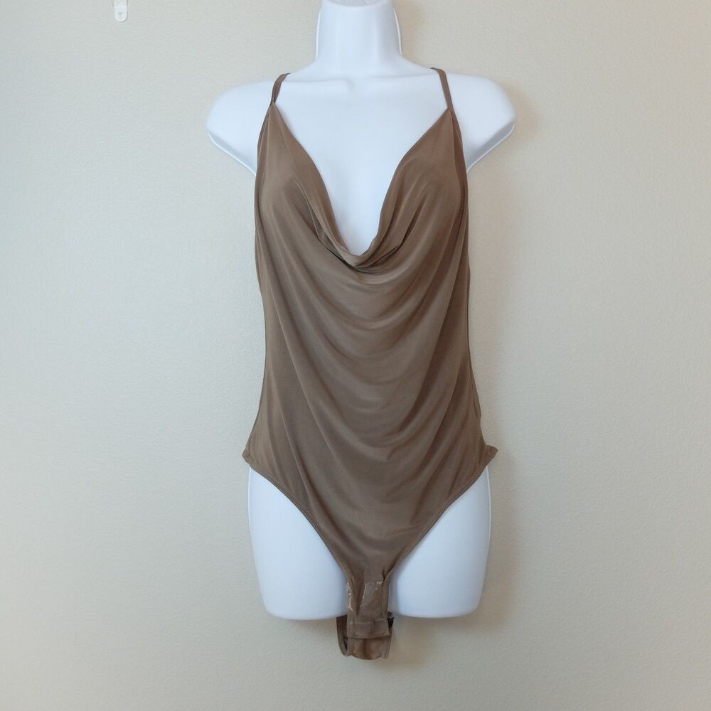 PrettyLittleThing Chocolate Soft Touch Cowl Neck Bodysuit Size 10 NWT